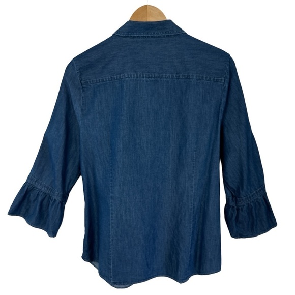 Crown & Ivy Denim Cotton Button Up Bell Sleeve Collared Blouse - Picture 2 of 7
